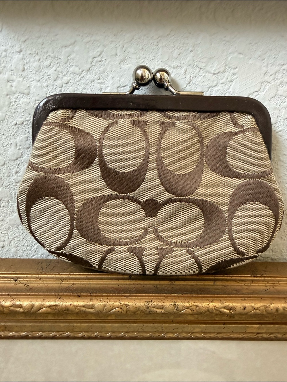 Vintage Coach Signature Kisslock Coin Purse Brown Jacquard Y2K EUC